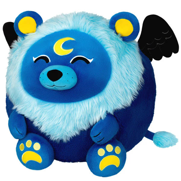 Plush Squishable Lunar Lion with moon on forehead, black wings, and yellow paw prints on feet.