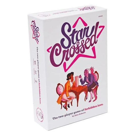 Star Crossed two-player RPG game showing two characters at a table with a pink star backdrop.