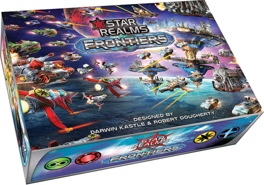 Star Realms Frontiers game box featuring spaceships and a space battle with warpgate technology.