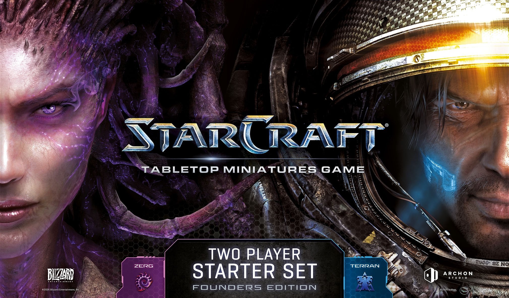 StarCraft: Two Player Starter Set Founders Edition with Zerg and Terran miniatures, split face cover art.