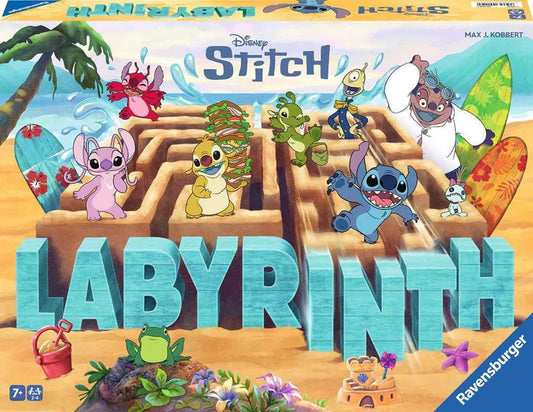 Stitch Labyrinth board game cover showing Stitch and friends on a sandy maze with surfboards and tropical decorations.
