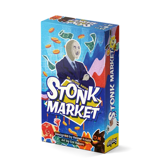 Stonk Market board game box featuring cartoon suited man, floating coins, and real-time trading theme.