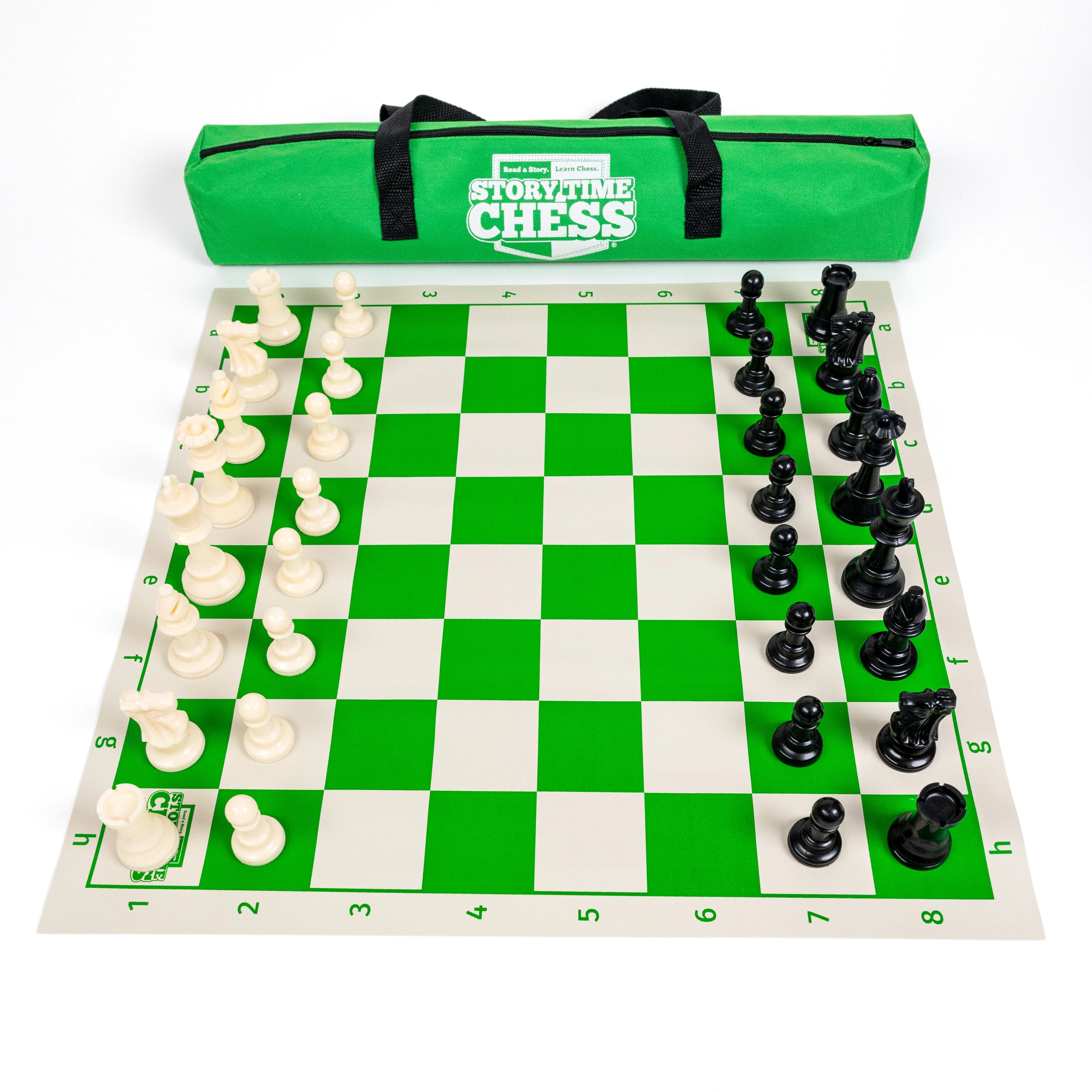 Story Time Chess Tournament Set with green and white board, chess pieces arranged, and carrying bag in the background.