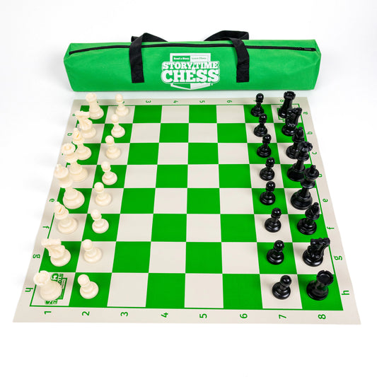 Story Time Chess Tournament Set with green and white board, chess pieces arranged, and carrying bag in the background.