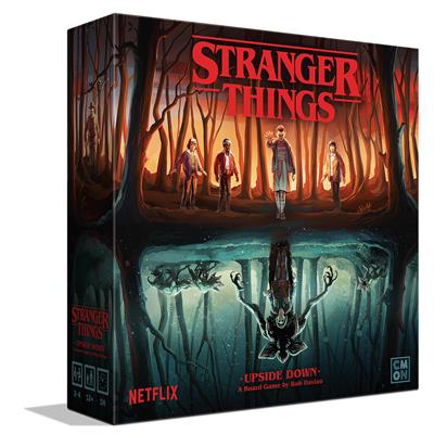 Stranger Things: Upside Down board game box showing heroes above and monsters mirrored below at Hawkins Lab.