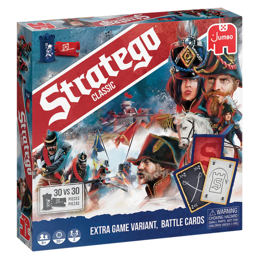 Stratego Classic board game with illustrated soldiers, capture the flag theme, and included battle cards.
