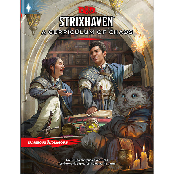 Dungeons & Dragons 5e: Strixhaven A Curriculum of Chaos book featuring two students and a magical creature studying fire magic.