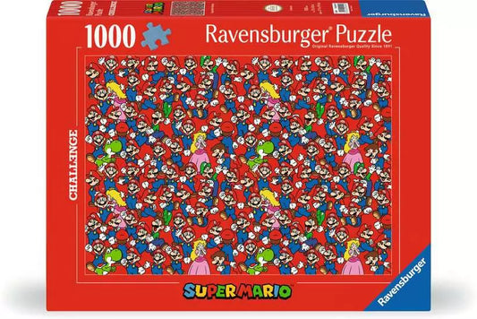 Super Mario Bros Challenge Puzzle, 1000 pieces, featuring classic characters on a red background.