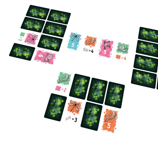 Symbiosis turn-based game featuring butterfly and leaf cards arranged in groups on a white background.