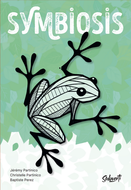 Symbiosis game featuring a striped frog on green leaves.