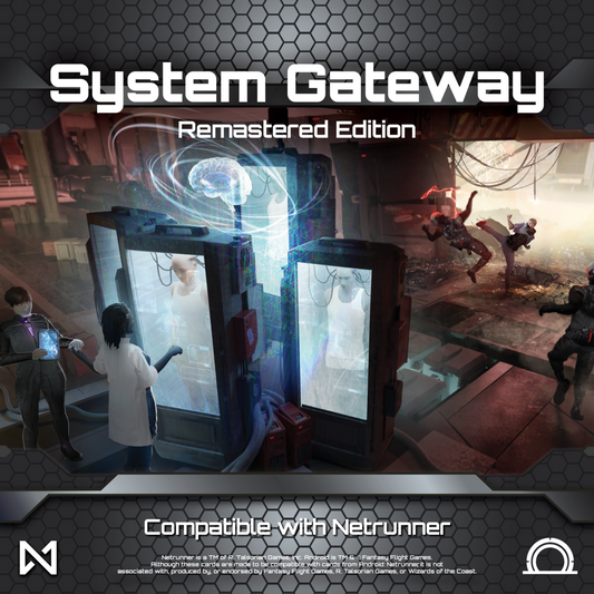 Netrunner: System Gateway Remastered Edition box with scientists at a glowing chamber and clashing figures on the cover.