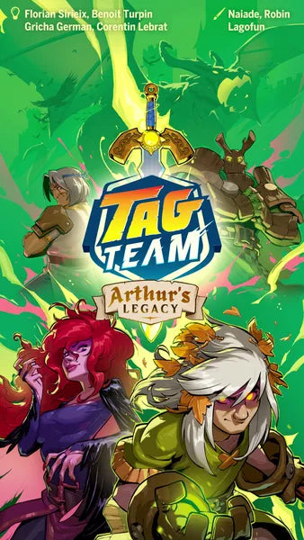 Tag Team: Arthurs Legacy game cover featuring armored heroes and magical effects; Arthurian tactical auto battler.