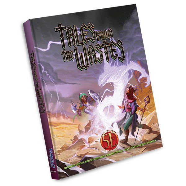 Tales from the Wastes (5e) cover showing two adventurers, a glowing figure, and desert monsters.