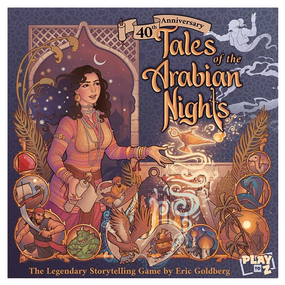 Tales of the Arabian Nights 40th Anniversary Edition game box showing Scheherazade and story-themed artwork.