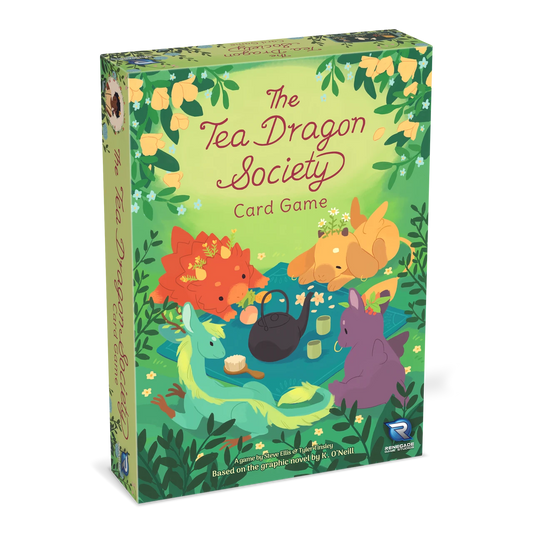 The Tea Dragon Society Card Game box featuring dragons drinking tea in a green garden.