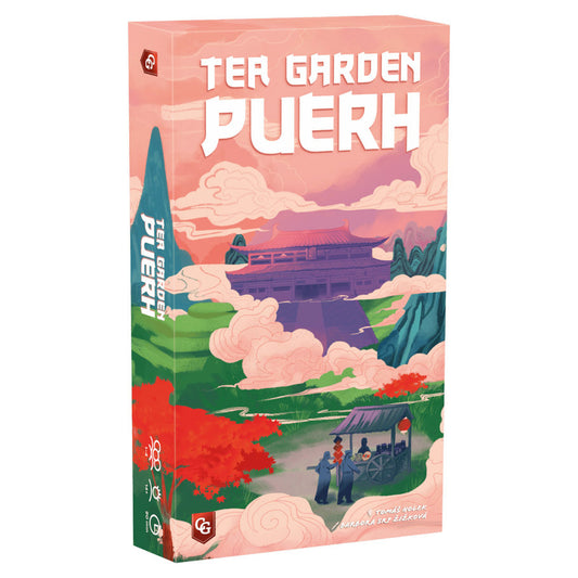 Tea Garden: Puerh Expansion box featuring artwork of an Asian garden, people, and tea house.