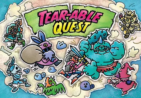 Tear-able Quest game featuring cartoon heroes and monsters battling on a torn map.