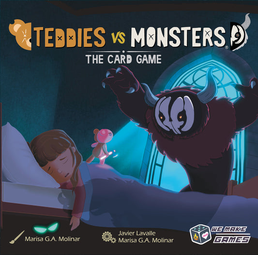Teddies vs Monsters 2nd Edition board game with artwork of a child sleeping with a teddy bear and a looming monster.