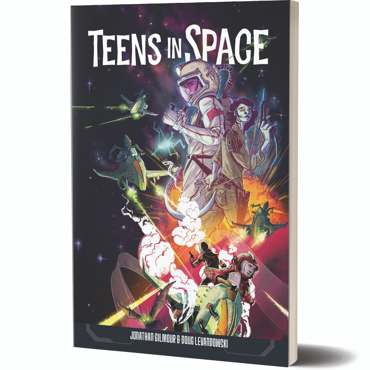Teens in Space book cover showing teens in spacesuits during a cosmic spaceship roleplaying scene.