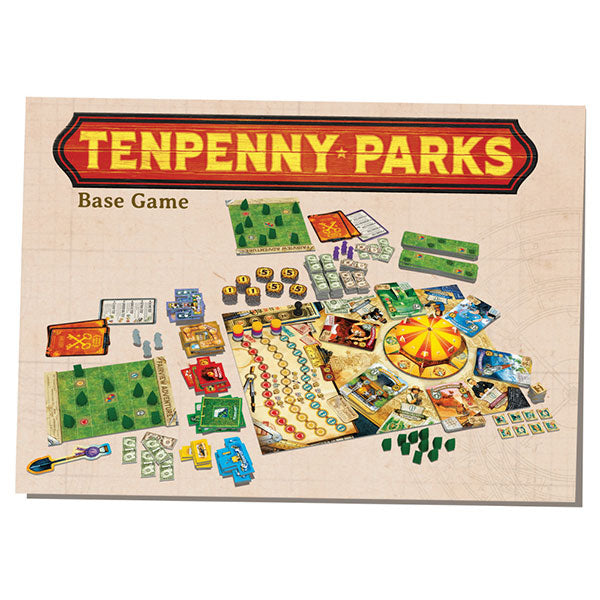 Tenpenny Parks board game components: board, cards, tokens, paper money, and player boards.