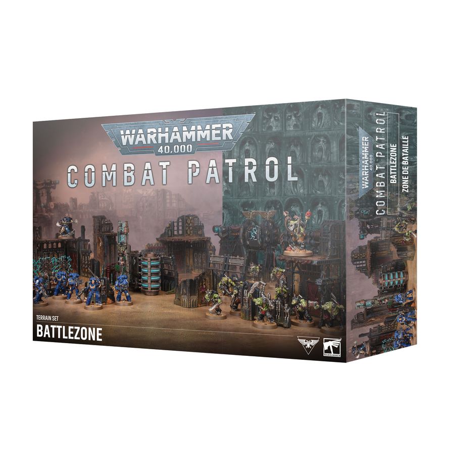 Warhammer 40,000 Combat Patrol: Battlezone box with modular push-fit terrain and painted miniatures on cover.