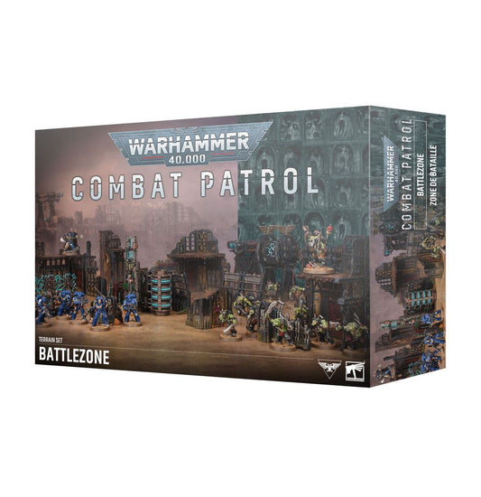 Warhammer 40,000 Combat Patrol: Battlezone box with modular push-fit terrain and painted miniatures on cover.