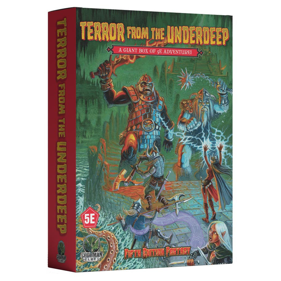 Terror from the UnderDeep Boxed Set cover featuring fantasy heroes fighting monsters in a 5e mega-dungeon setting.