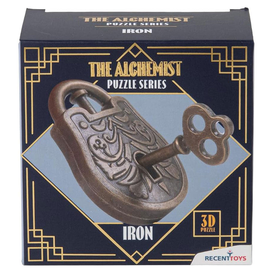 The Alchemist: Iron 3D iron puzzle lock with key, shown in a blue and gold Alchemist Puzzle Series box.