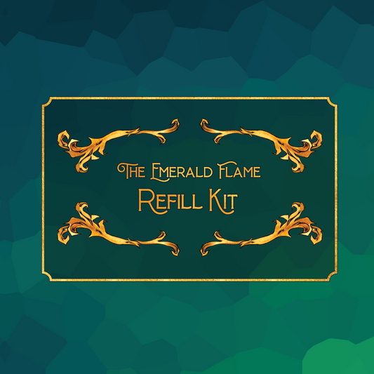 The Emerald Flame Refill Kit label on dark green with gold borders.
