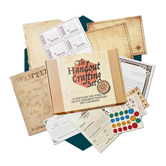 The Handout Crafting Set with Fantasy RPG papers, stickers, cards, DnD handouts, and labeled storage box.