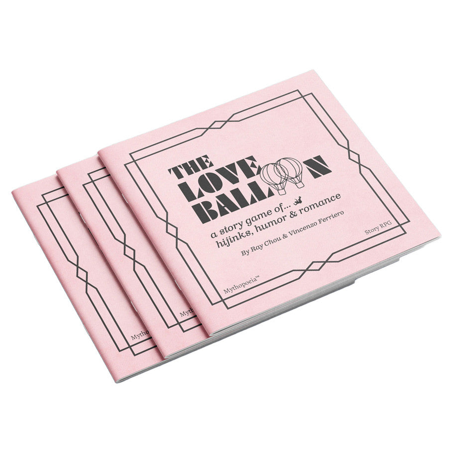 Three pink booklets for The Love Balloon role-playing game.