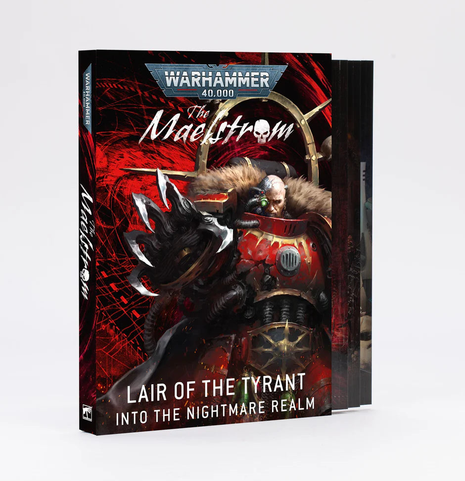 Warhammer 40,000 The Maelstrom: Lair of the Tyrant book with cover art of a Chaos Space Marine in red armor.