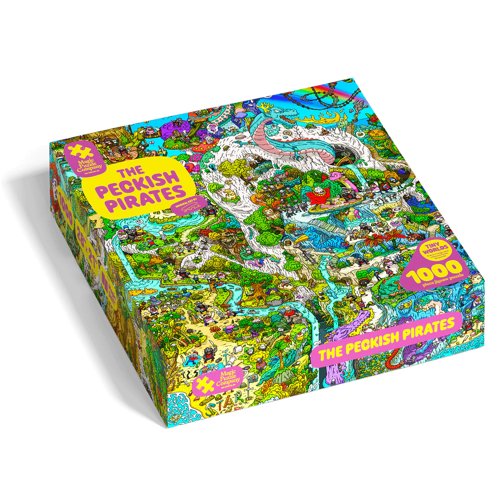 The Peckish Pirates 1000-piece jigsaw puzzle by Magic Puzzle Company with pirate-themed cartoon artwork.