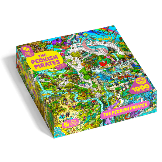 The Peckish Pirates 1000-piece jigsaw puzzle by Magic Puzzle Company with pirate-themed cartoon artwork.