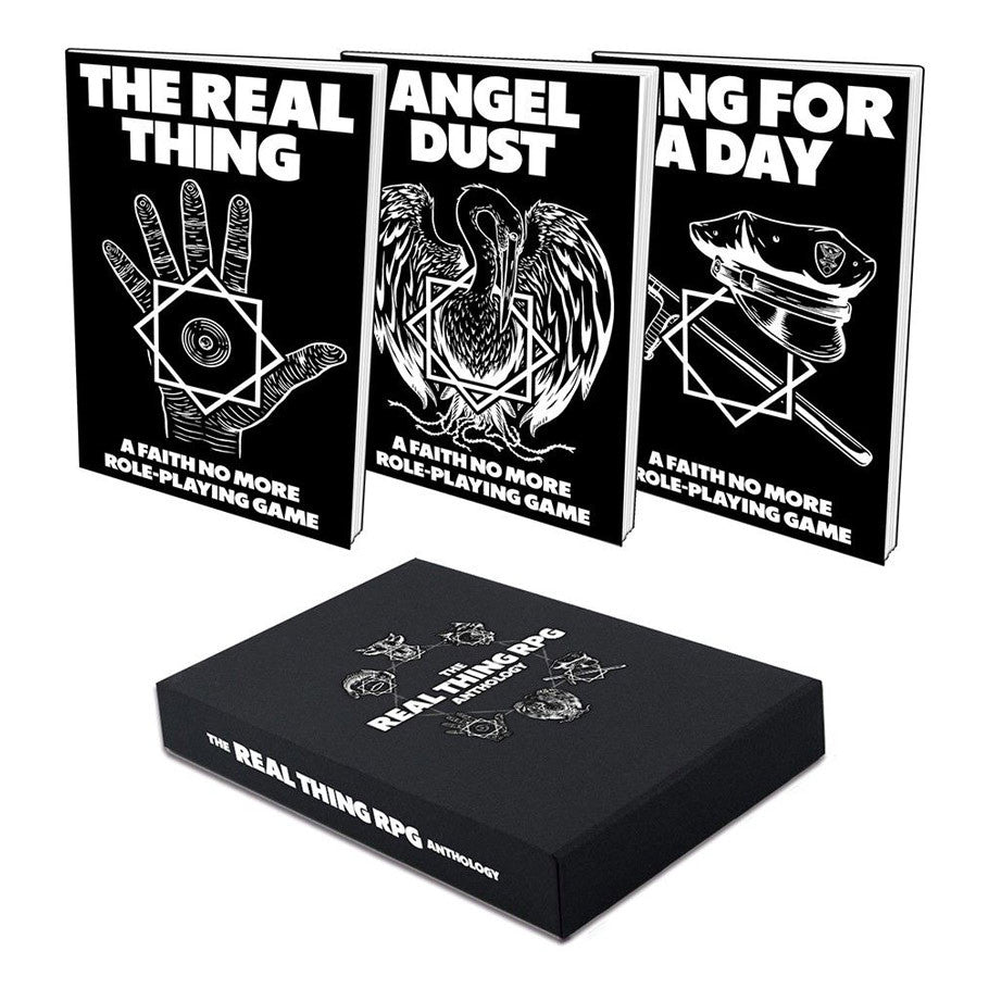The Real Thing: Official Faith No More RPG Anthology Boxed Set with three black-and-white RPG books.