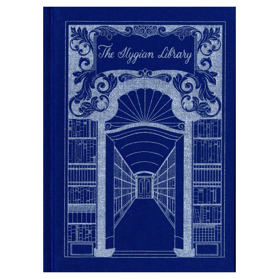 The Stygian Library book with a blue cover and silver bookshelf design.