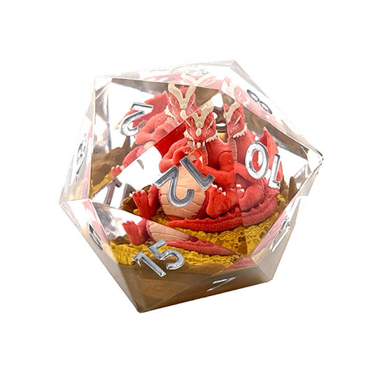 55mm D&D Themberchaud d20 die featuring red dragon design, silver numbers, and brown-yellow base.