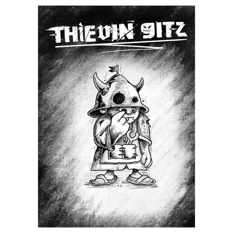 Black-and-white sketch of a goblin in a horned helmet with Thievin Gitz text above.