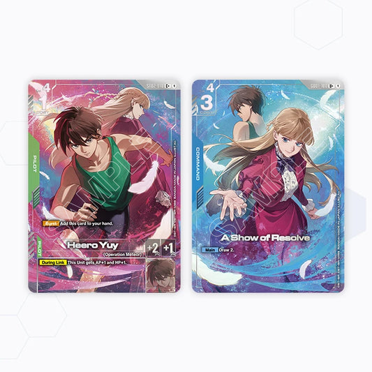 Two trading cards from the [PB01] Gundam Card Game Premium Accessory Set featuring Gundam Wing anime characters.