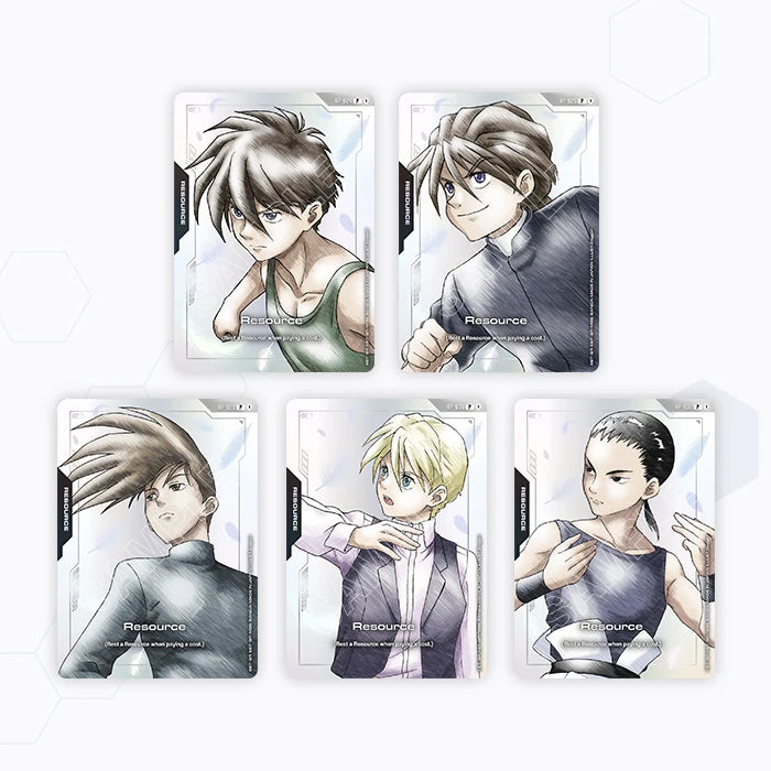 Five [PB01] Gundam Wing character cards for the Gundam Card Game, each showing unique poses.