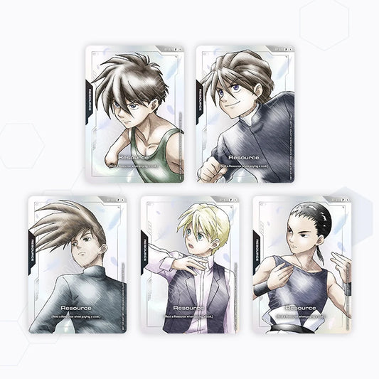 Five [PB01] Gundam Wing character cards for the Gundam Card Game, each showing unique poses.