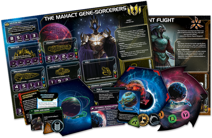 Twilight Imperium: Prophecy of Kings Expansion, featuring sci-fi art, ships, planets, and The Mahact Gene-Sorcerers faction.