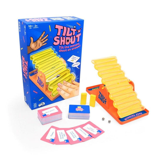 Tilt N Shout board game set with yellow ramp, cards, marbles, and box.