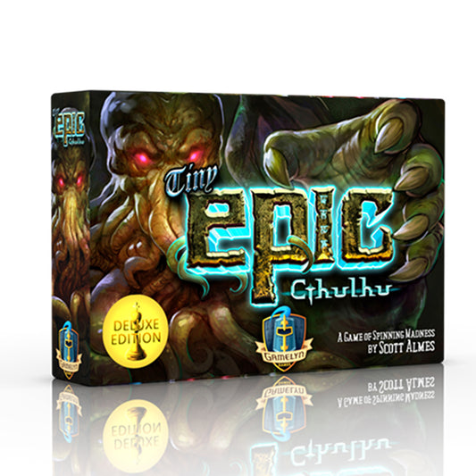 Tiny Epic Cthulhu Deluxe Edition box with tentacled green monster and Deluxe Edition label.