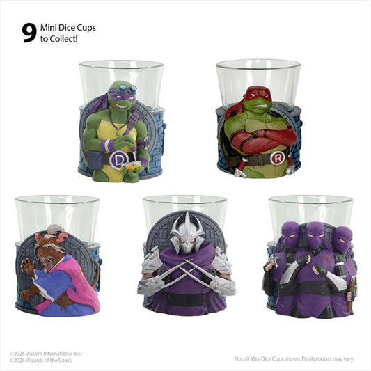 MTG TMNT Mini Dice Cups Blind Box featuring Donatello, Raphael, and Shredder designs.