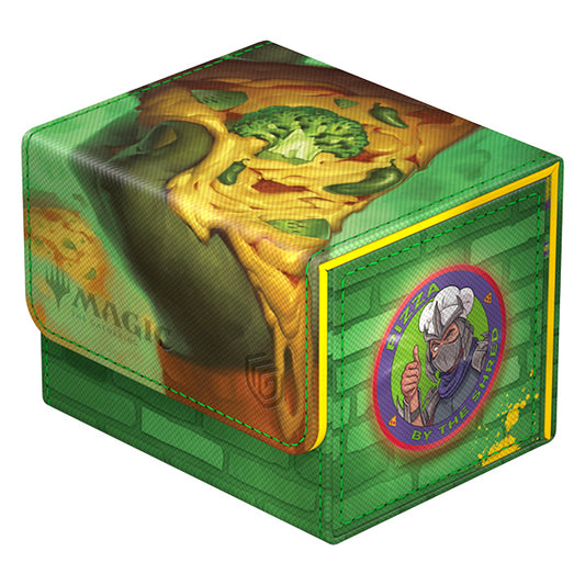 Green Sidewinder 100+ Xenoskin MTG deck case featuring TMNT, broccoli pizza slice, and PIZZA BY THE SLICE chef logo.