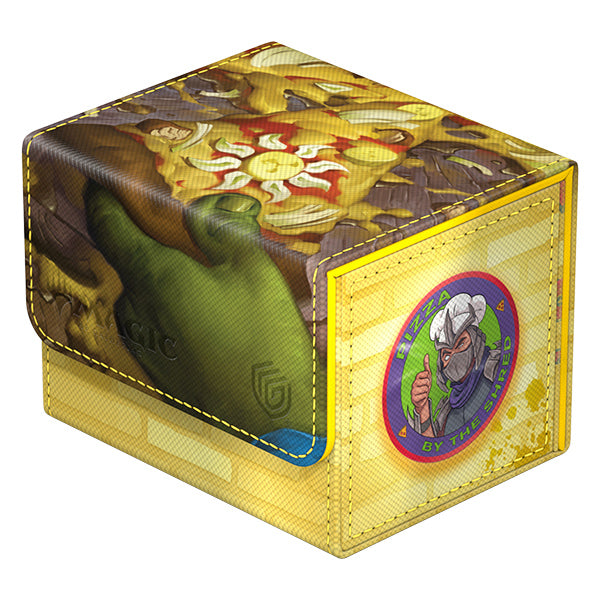 TMNT Sidewinder Deck Case with pizza slice design, green hand, and chef sticker for MTG or TCG deck storage.
