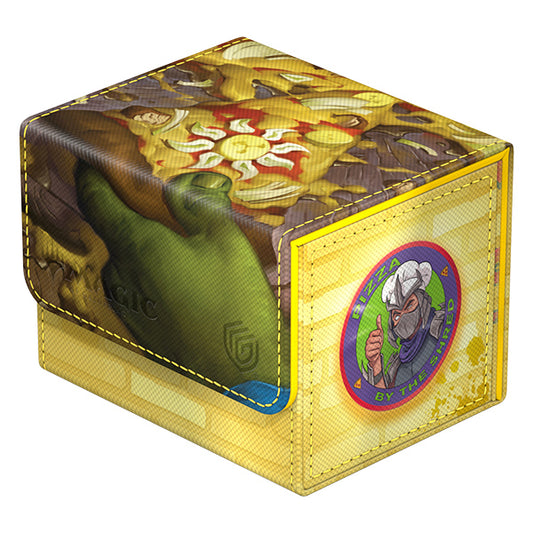 TMNT Sidewinder Deck Case with pizza slice design, green hand, and chef sticker for MTG or TCG deck storage.