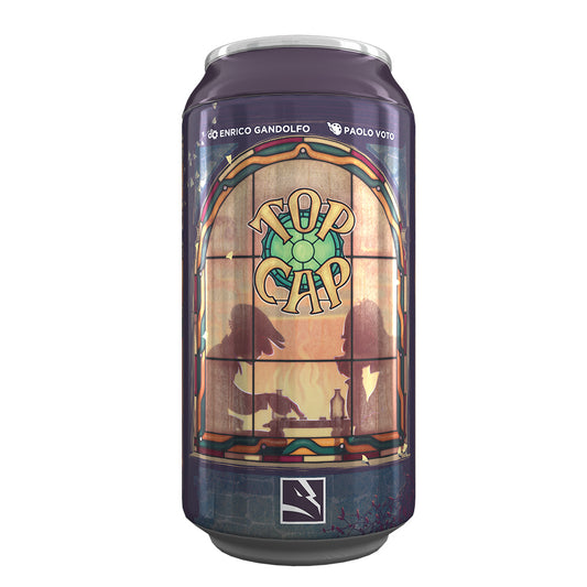 TopCap beverage can featuring artwork of two people drinking by a fire.