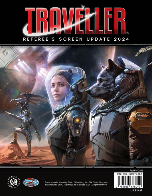 Traveller Referee’s Screen Update 2024 with artwork of three astronauts, including a woman and a dog, on an alien planet.